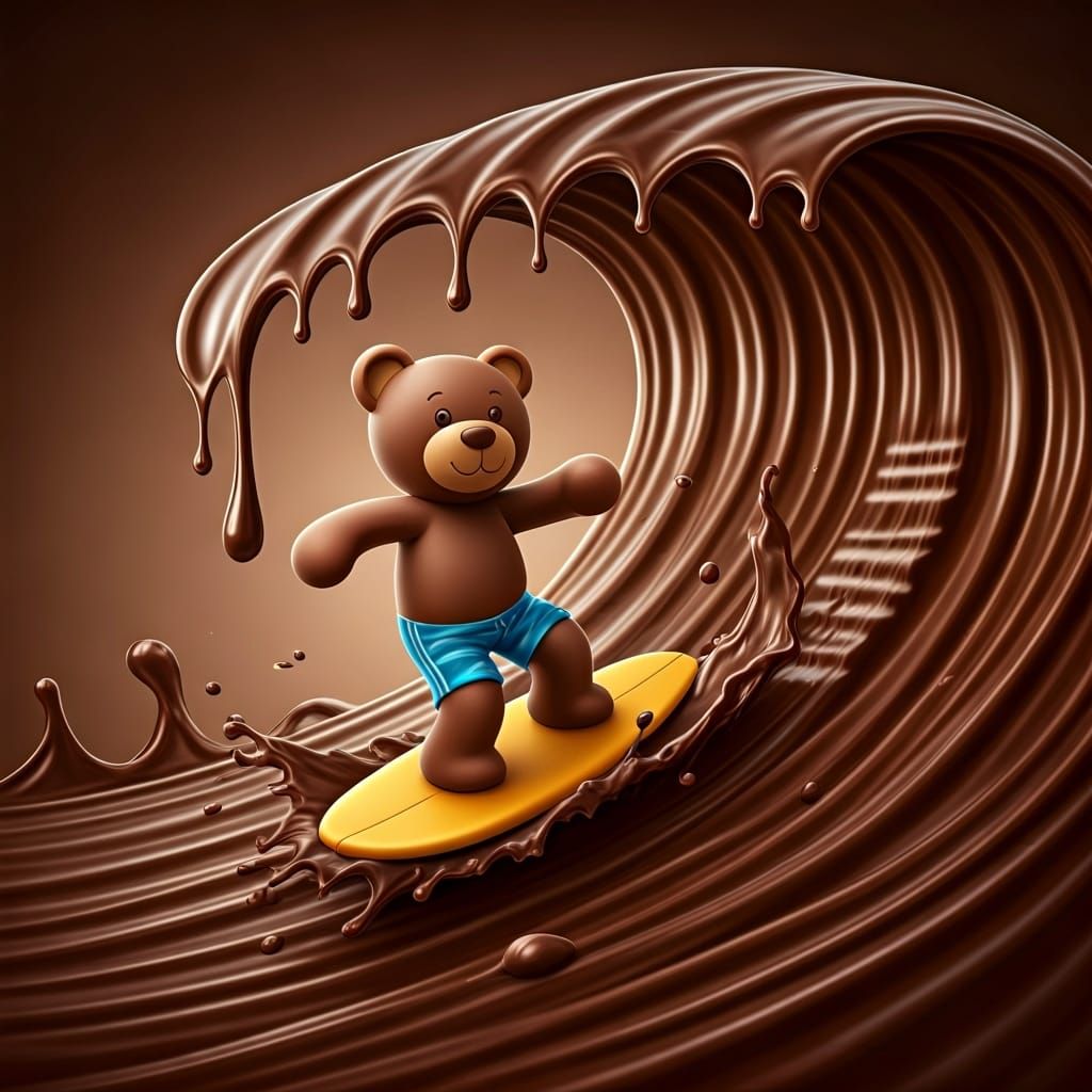 Chocolate Teddy Bear Surfing a Chocolate Tsunami