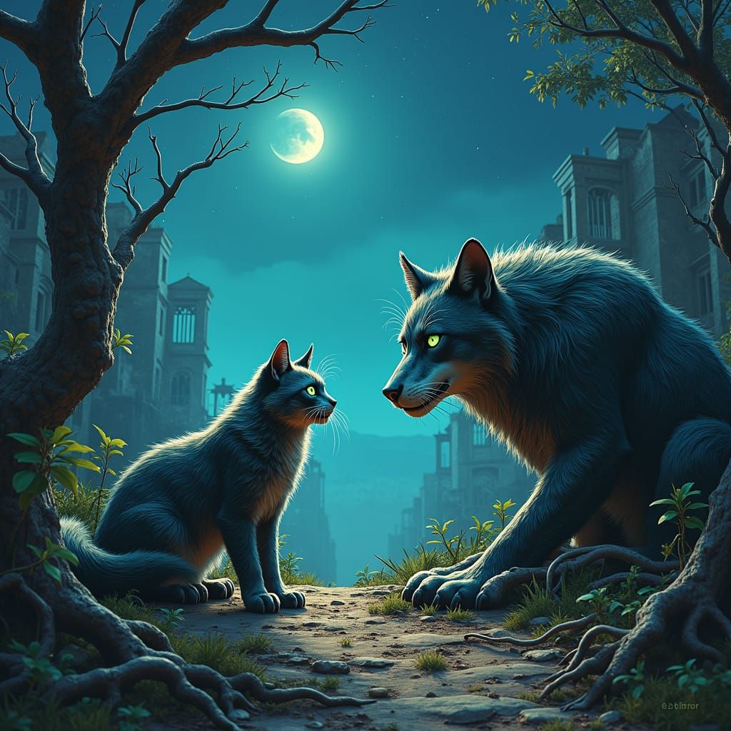 Cat and Wolf Encounter in Post-Apocalyptic Eden