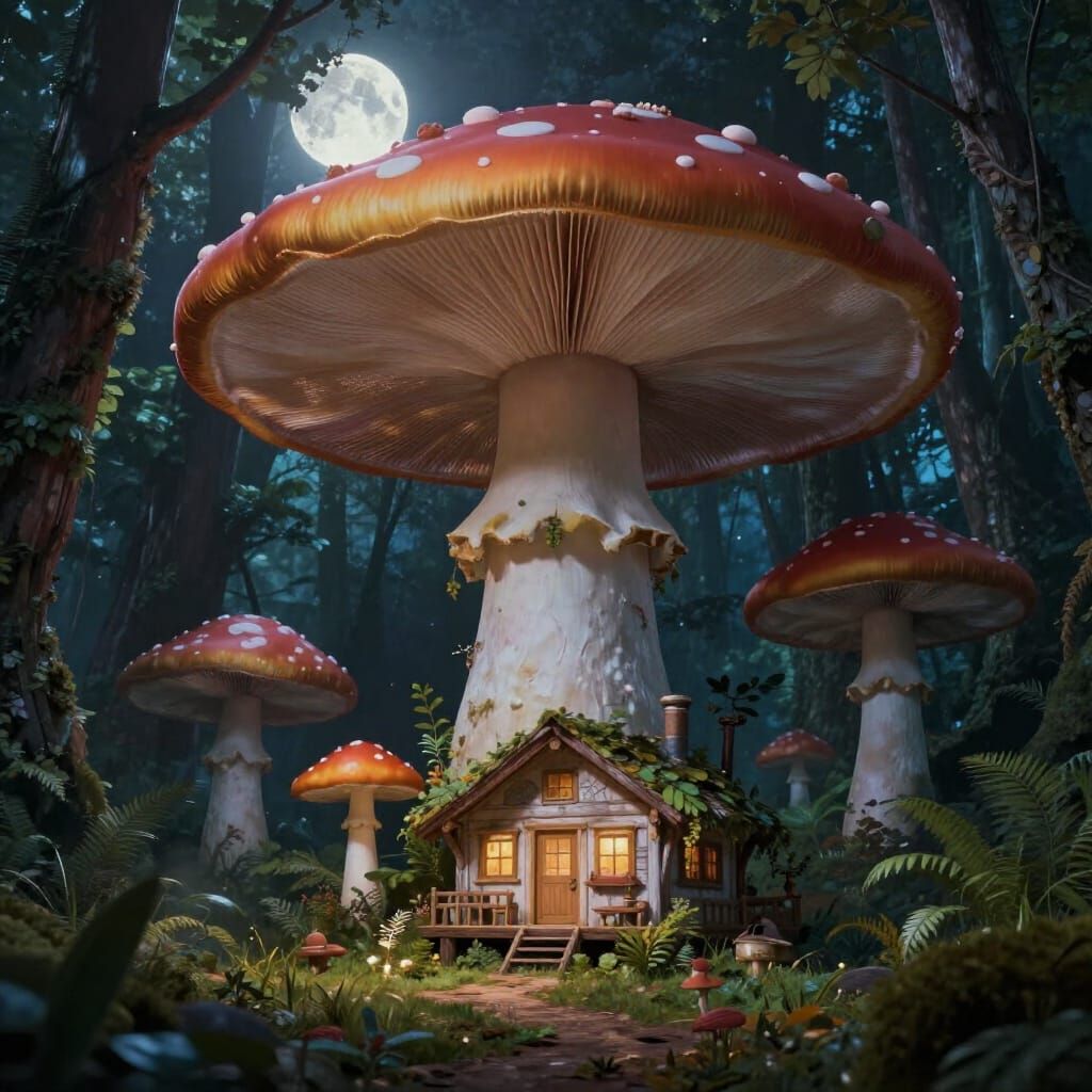 Moonlight Cabin in Giant Mushroom Forest