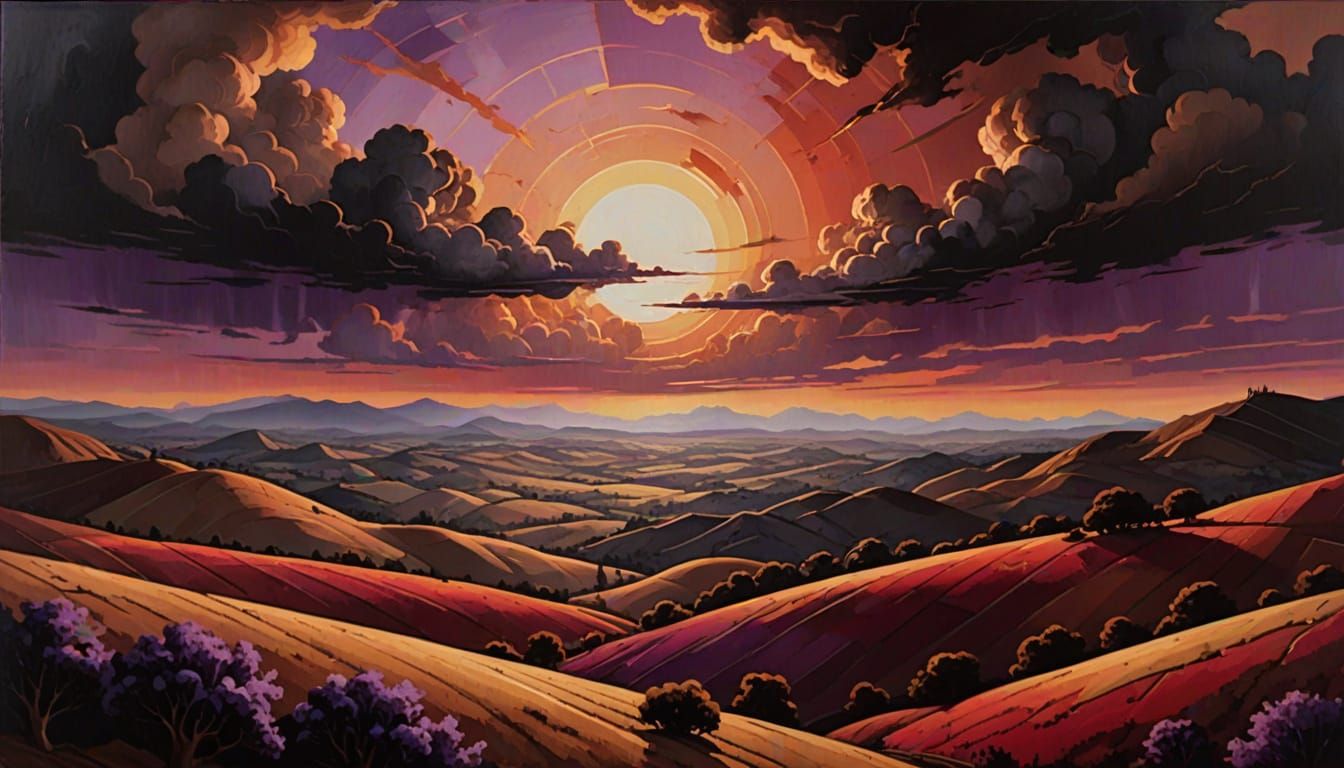 Majestic Purple Sun Sets Over Dramatic Red Hills in a Surrea...