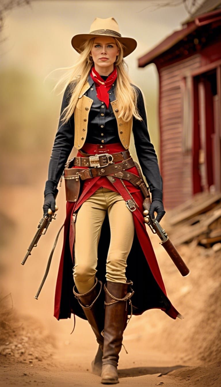 Blonde Cowgirl Gunfighter in Wild West Town