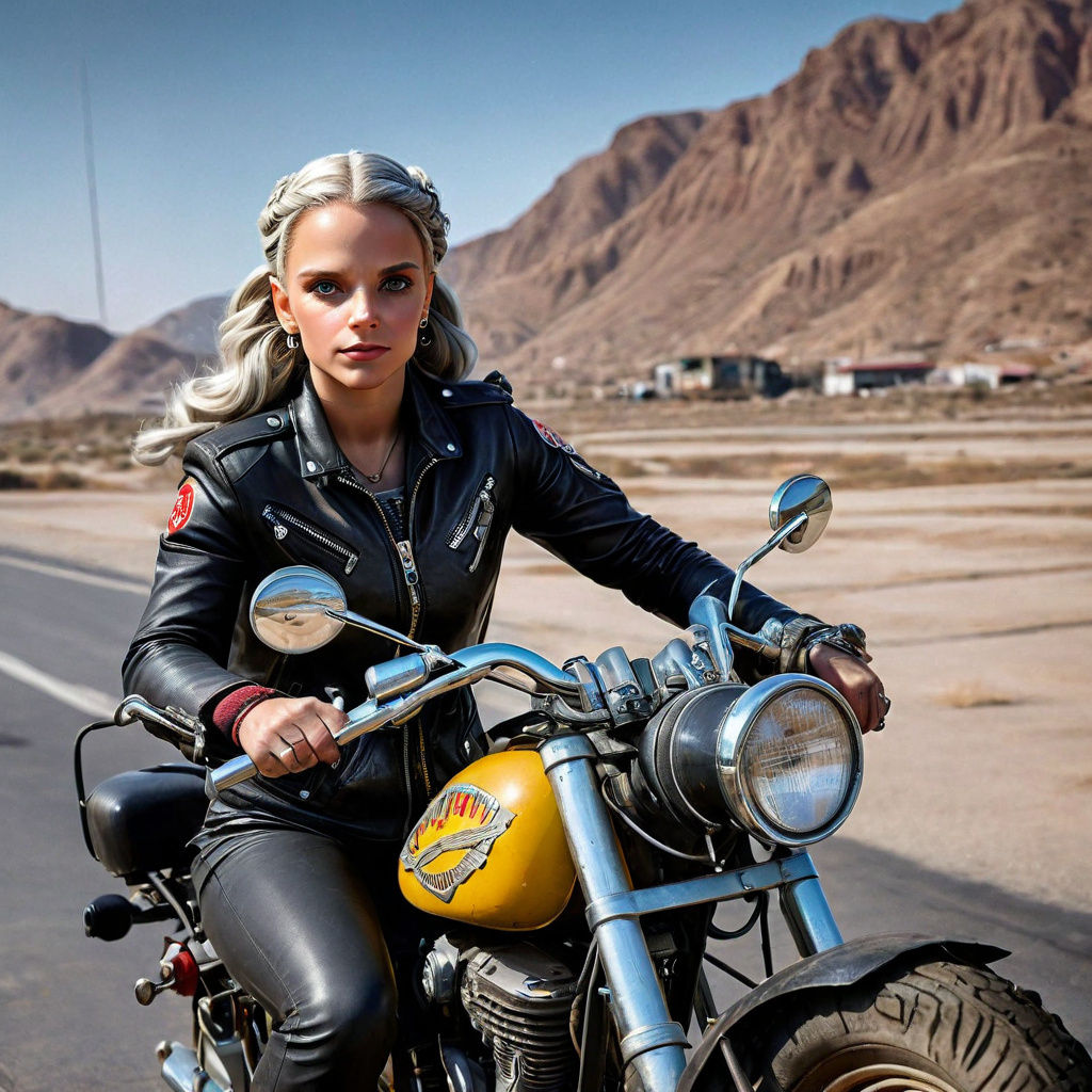 Biker at Desert Gas Station in Leather Gear