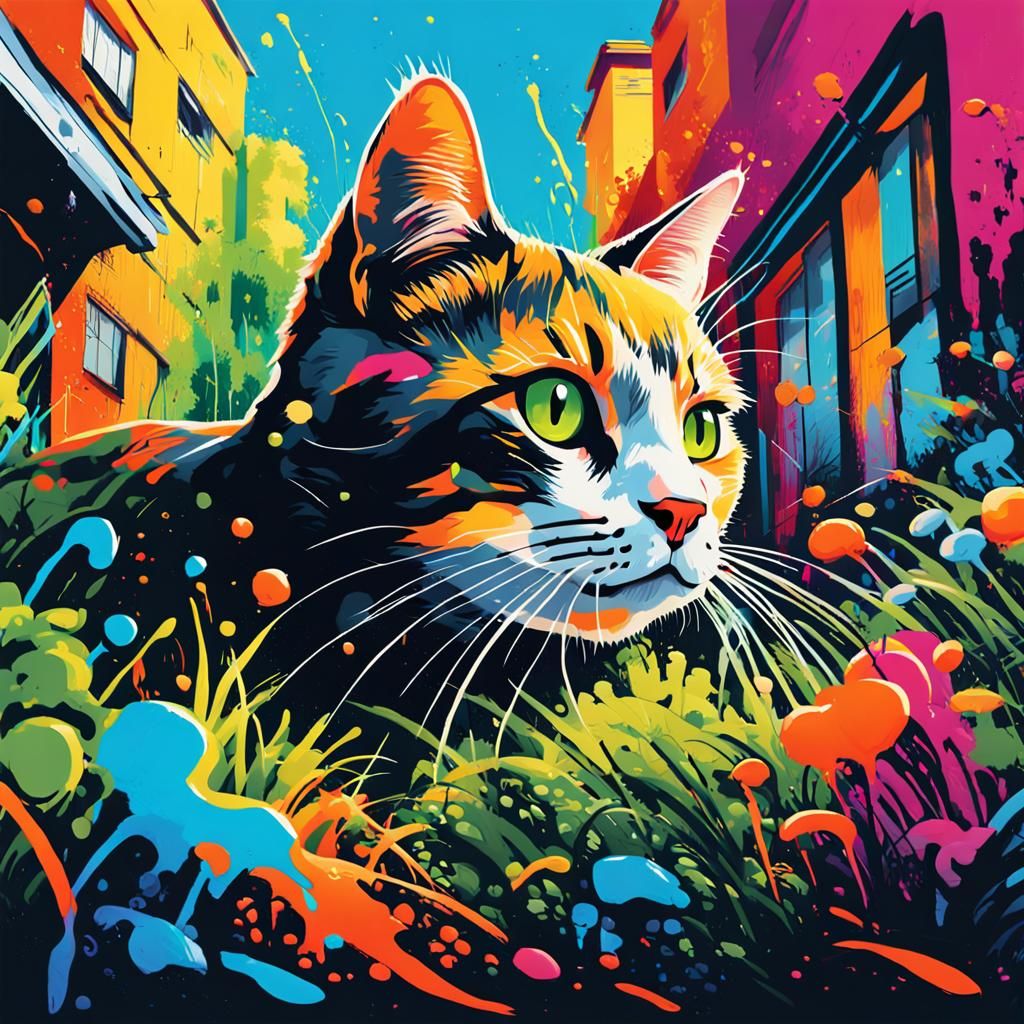 Vibrant Street Art Cat Sneaks Through a Garden