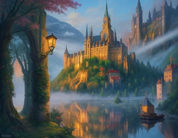 Whimsical Medieval Town in Fantasy Landscape