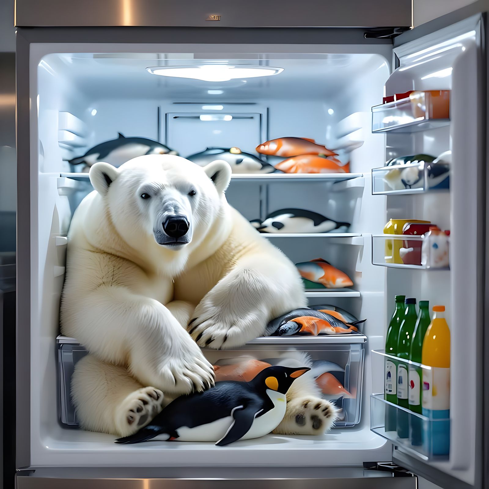 Realistic Polar Bear Relaxing in Open Refrigerator