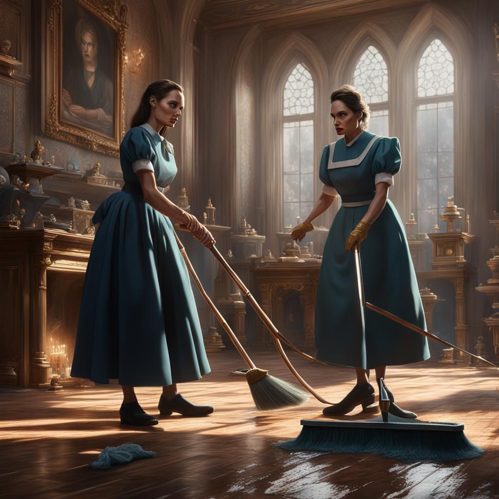 Detailed Matte Painting of a Strict Woman Overseeing Maid