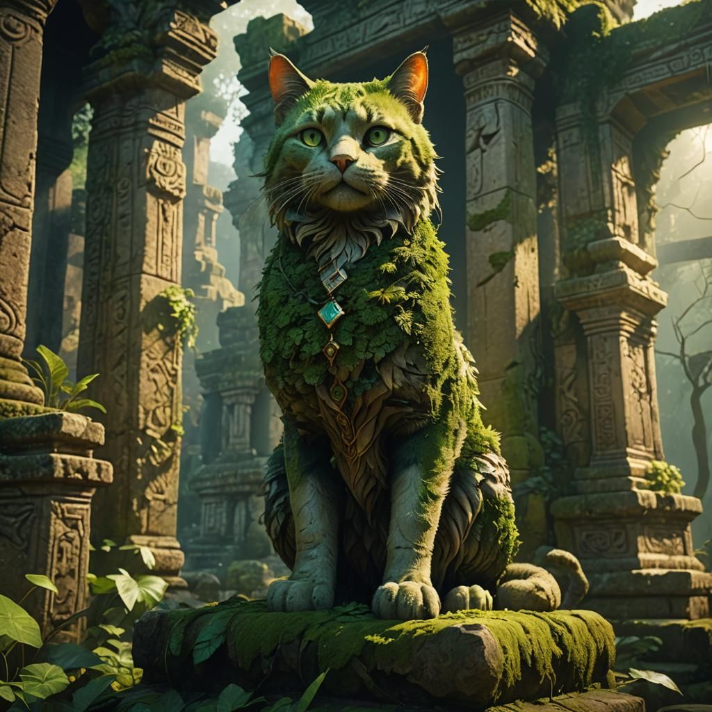 Moss-Covered Cat Statue in Ancient Temple Ruins