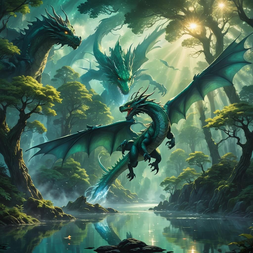 Dragon Soaring Above Mystical Forest in Fantasy Style
