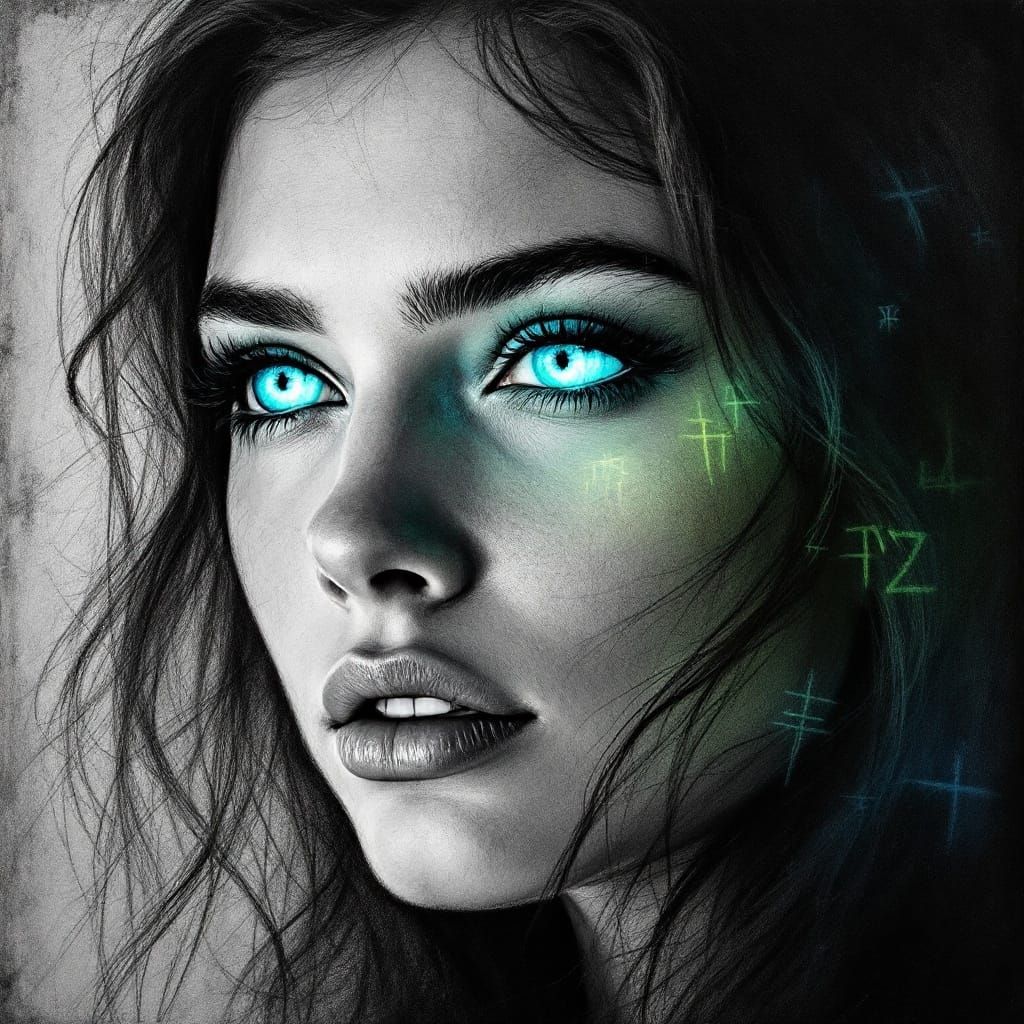 Expressionist Charcoal Portrait with Glowing Green Runes