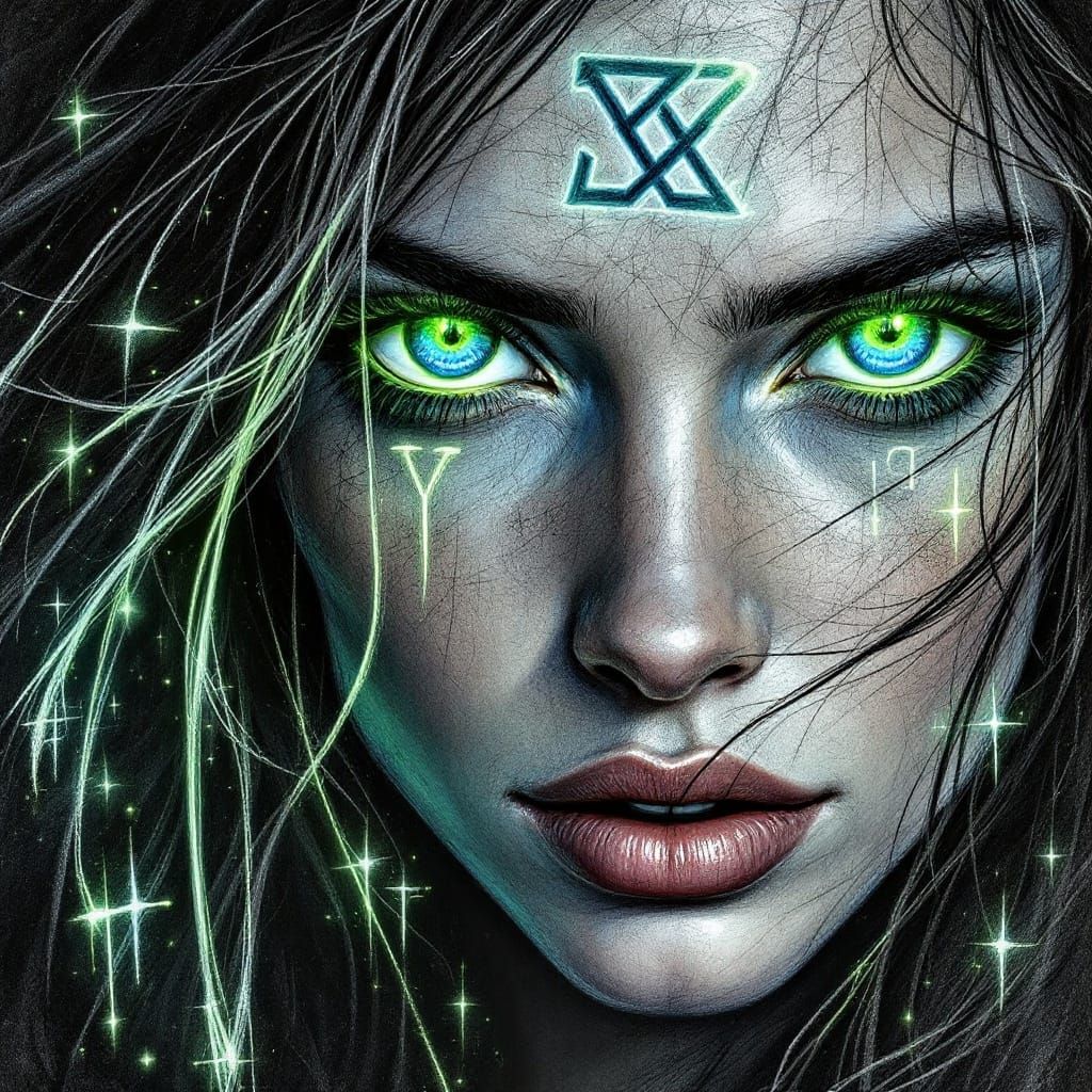 Expressionist Charcoal Drawing of a Woman with Glowing Runes