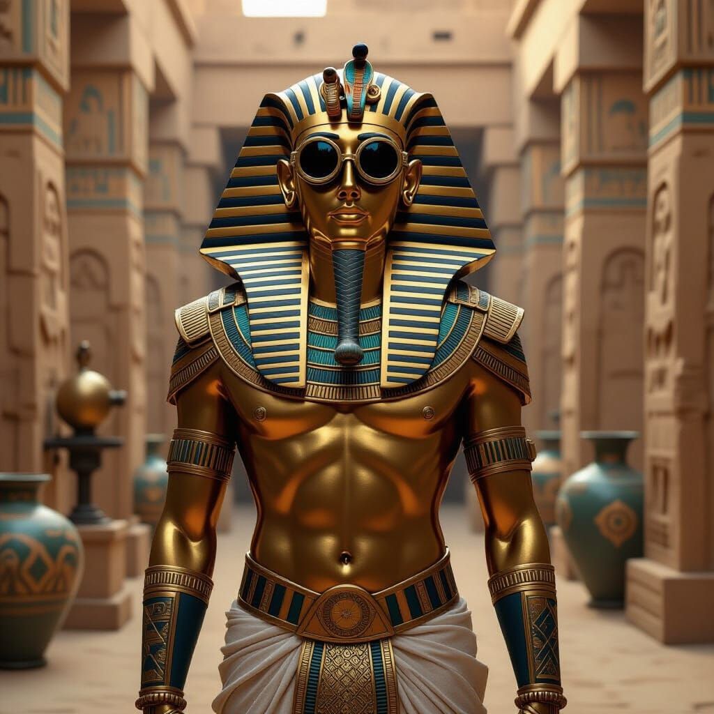 Steampunk Pharaoh Tutankhamun in Egyptian Temple