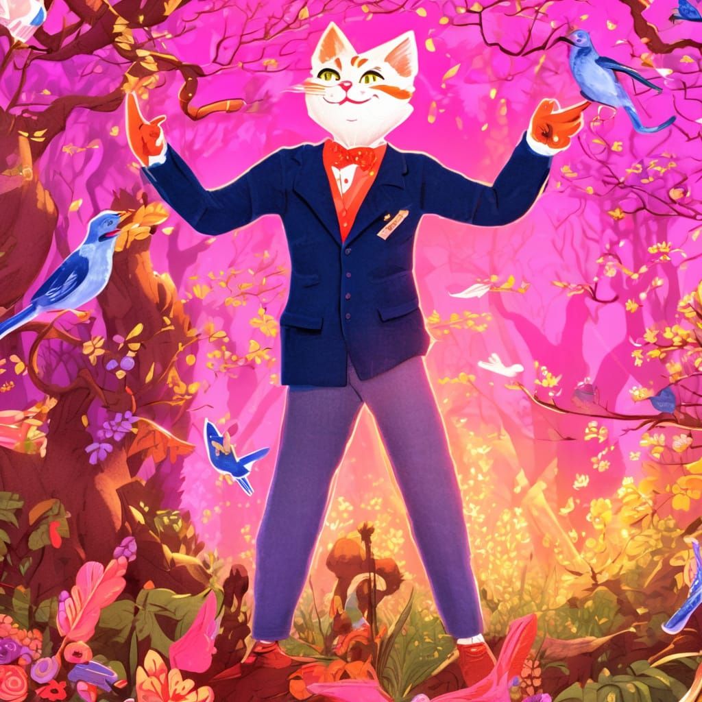 Anthropomorphic Cat Sings Magic Song in Vibrant Forest