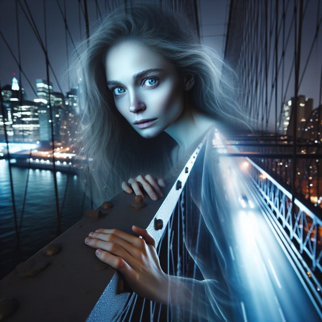 Ethereal Woman Apparition on City Bridge