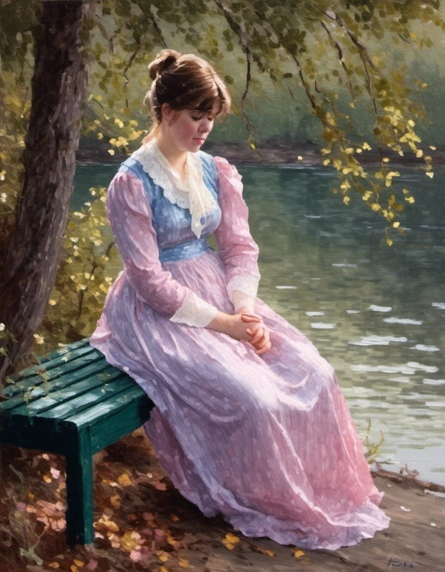 Impressionist Woman on Bench with Reflected Light