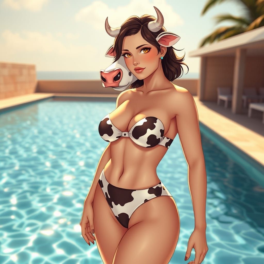 Anime Cow-Woman Posing by Pool in Sun