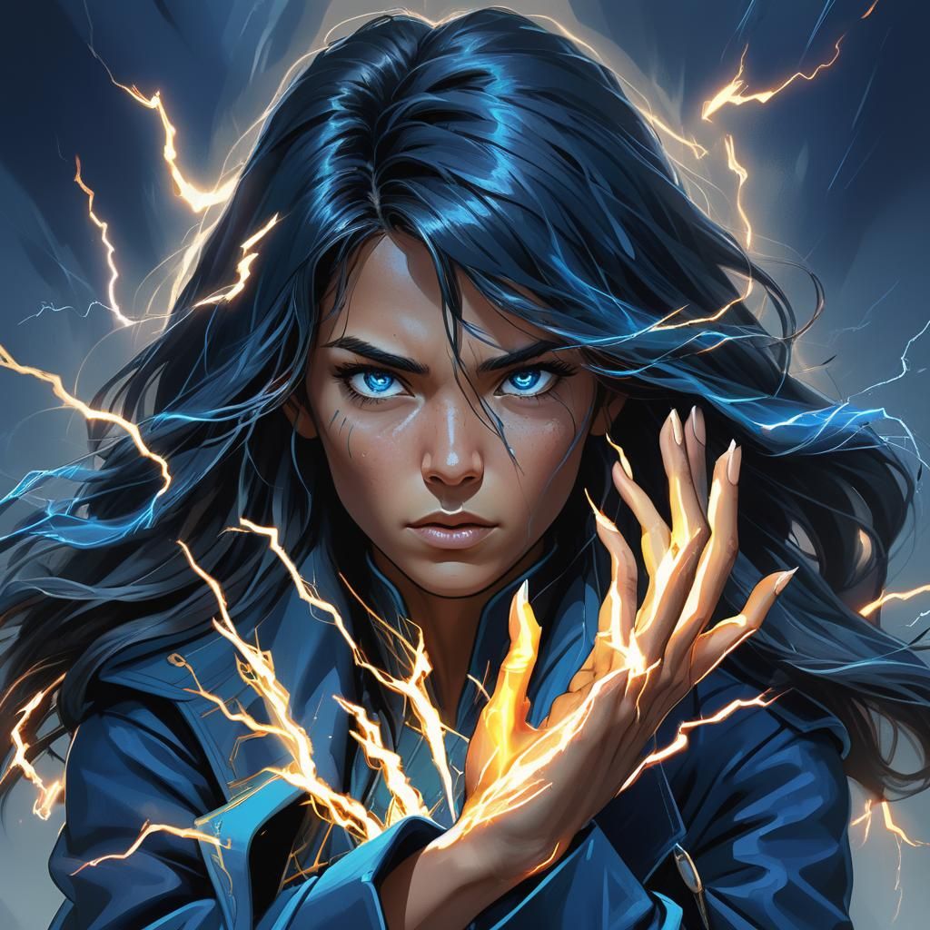 Woman with Lightning Hands Portrait, Digital Art