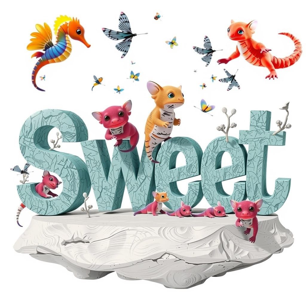 Vibrant, oversized, extra bold primary blue whimsical text "Sweet" carved from Stone, sitting upright on a white surface...