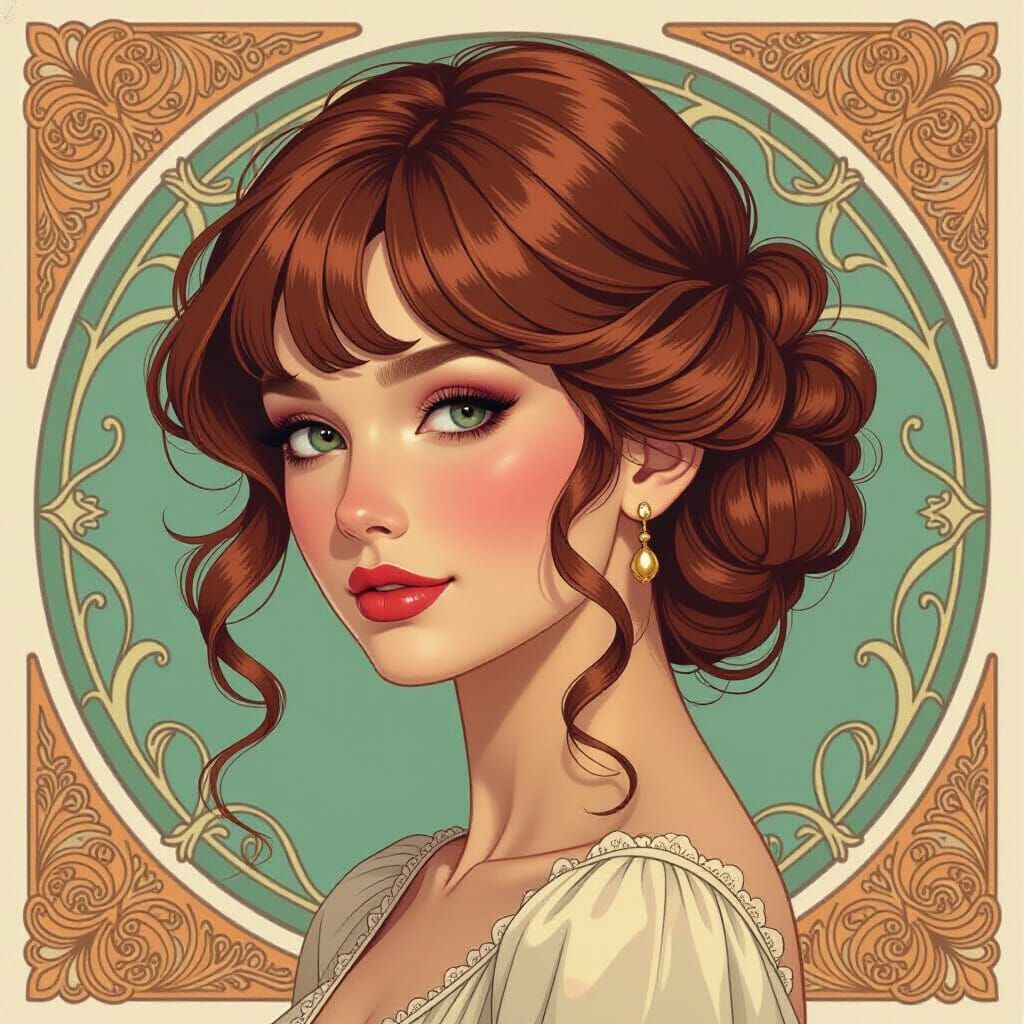 Elegant Woman with Brownish Pink Hair in Art Nouveau Style