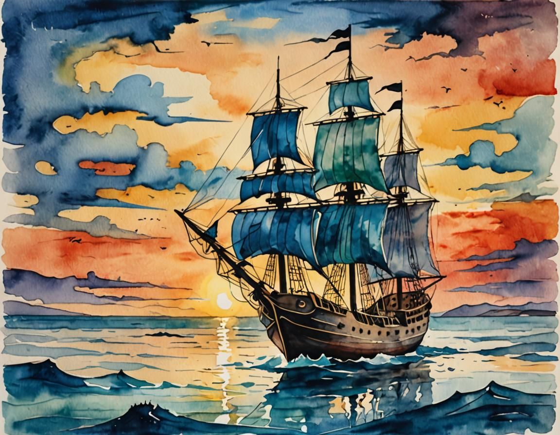 Surreal Sunset: Old Ship in Watercolor Style