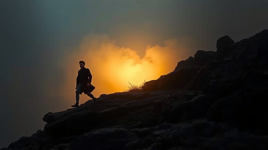 Figure Climbing Misty Hill in Golden Light