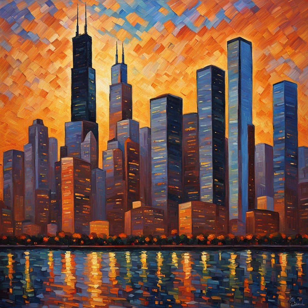 Chicago Skyline in Vibrant Neo-Impressionist Oil Painting