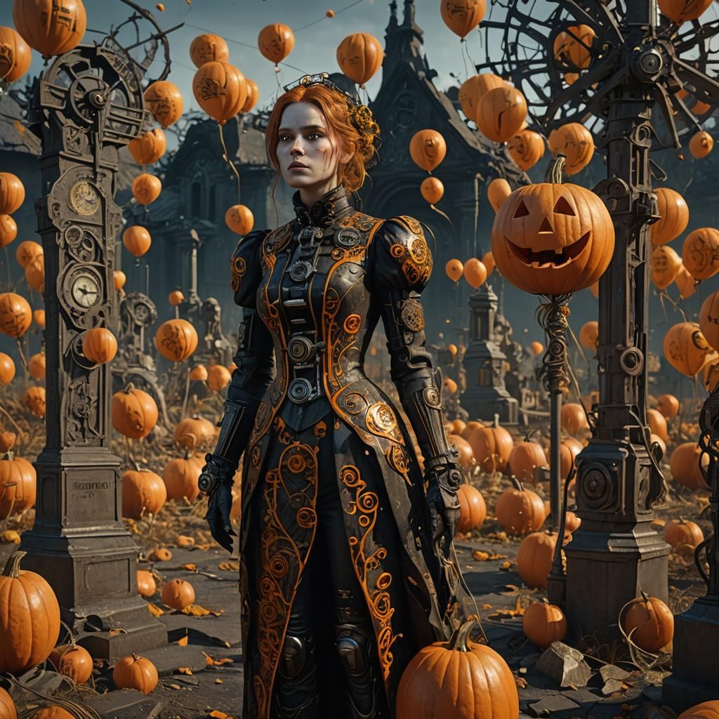 Pumpkin Woman in Post-Apocalyptic Cemetery, Aetherpunk Style