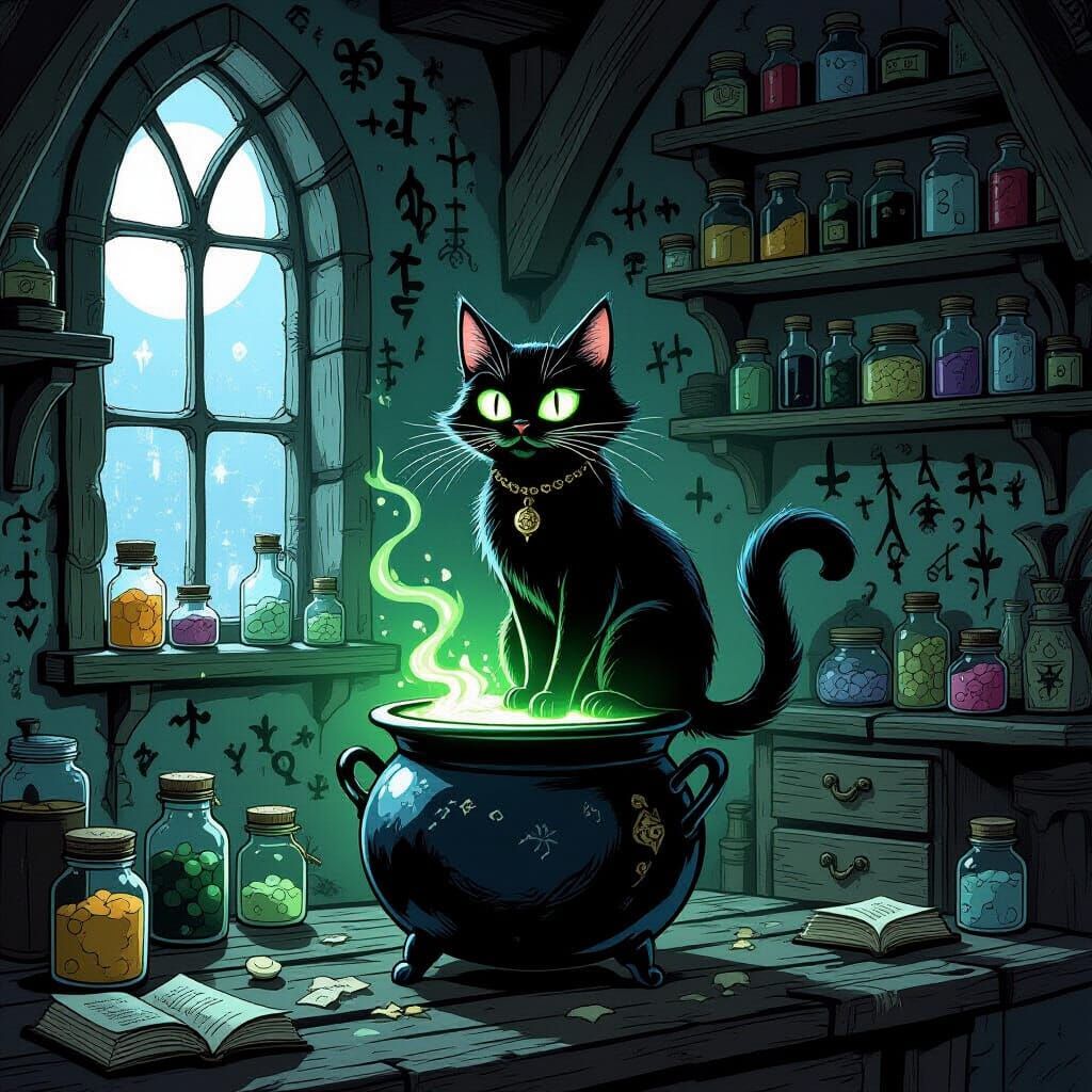 Spectral Cat on Cauldron in Enchanted Workshop