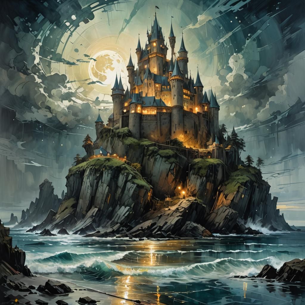 Midnight Castle Seascape with Volumetric Lighting