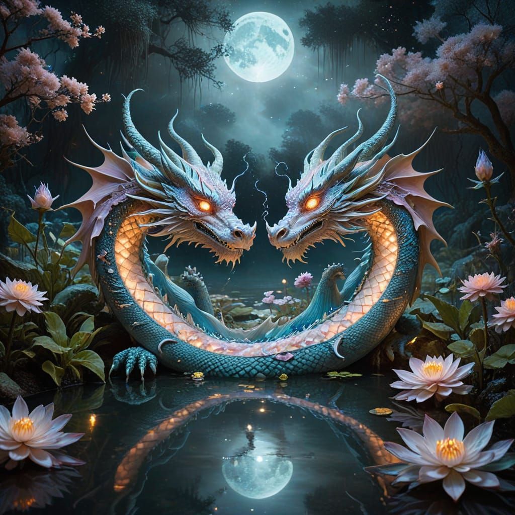 Celestial Dragons in Misty Japanese Pond