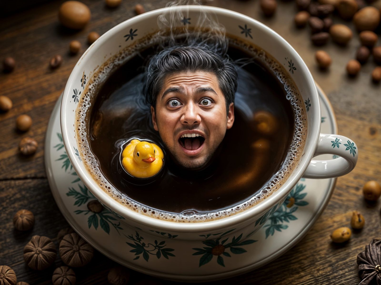 Man Trapped in Coffee Cup: A Surreal Scene