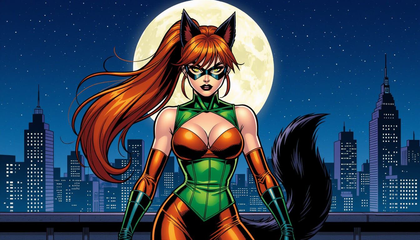 Japanese Superheroine with Copper Hair on Rooftop