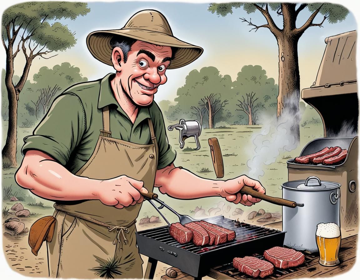 Humorous Cartoon of Man Cooking on Braai