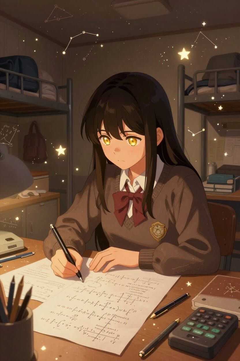 Golden-Eyed Student Studies Math in Starry Dorm