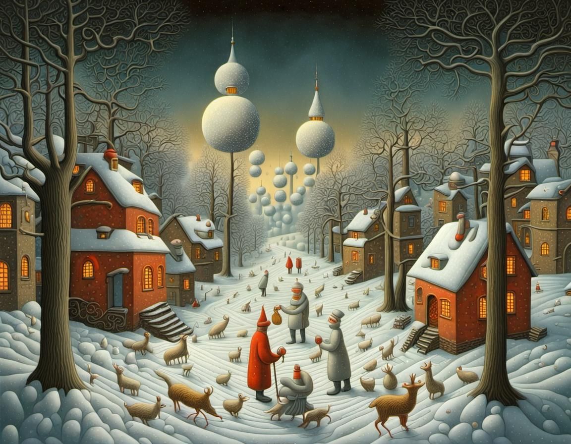 Detailed Christmas Scene in Yerka Style