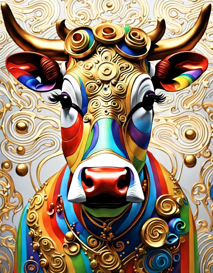 Rainbow Cow with Curlers in Klimt-Inspired Art Nouveau