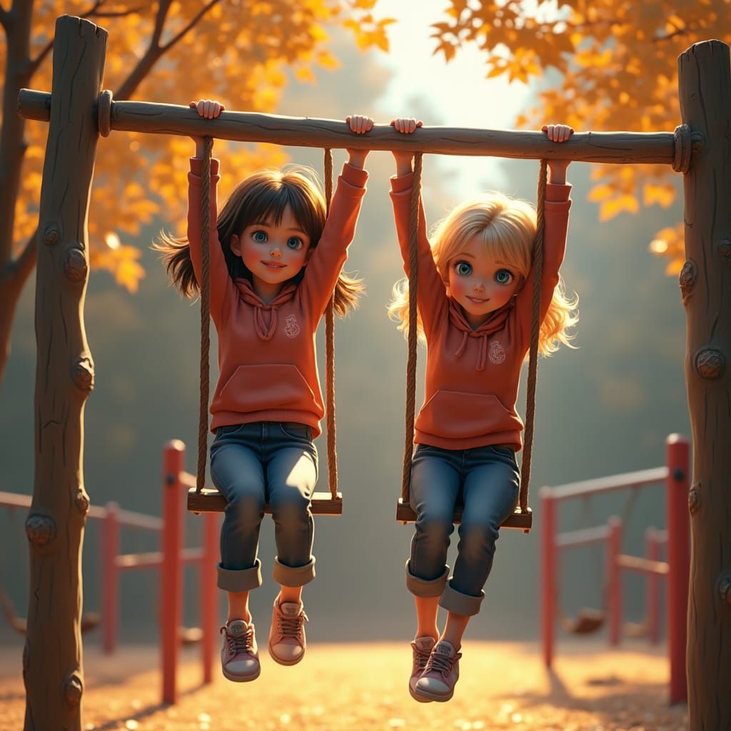 Girls Playing on Monkey Bars in Matte Painting Style