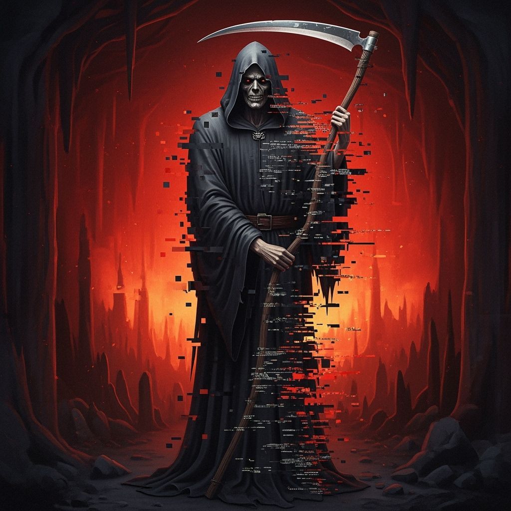 Glitched Grim Reaper in Digital Hellscape