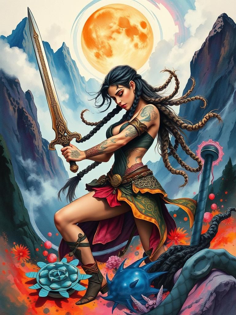 Latina Warrioress in Impasto Style with Celtic Motifs