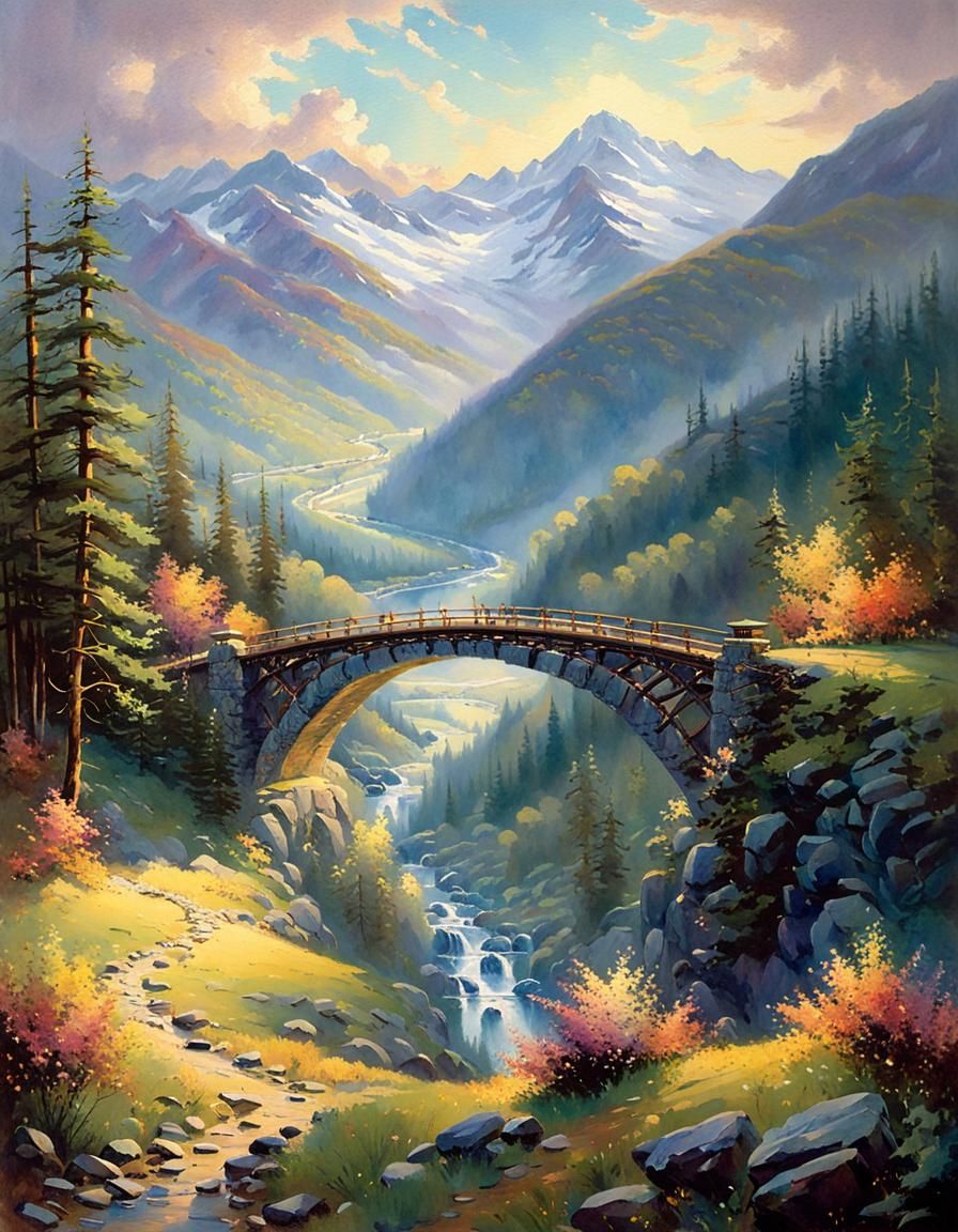 Ethereal Bridge Over Valley in Watercolor Style