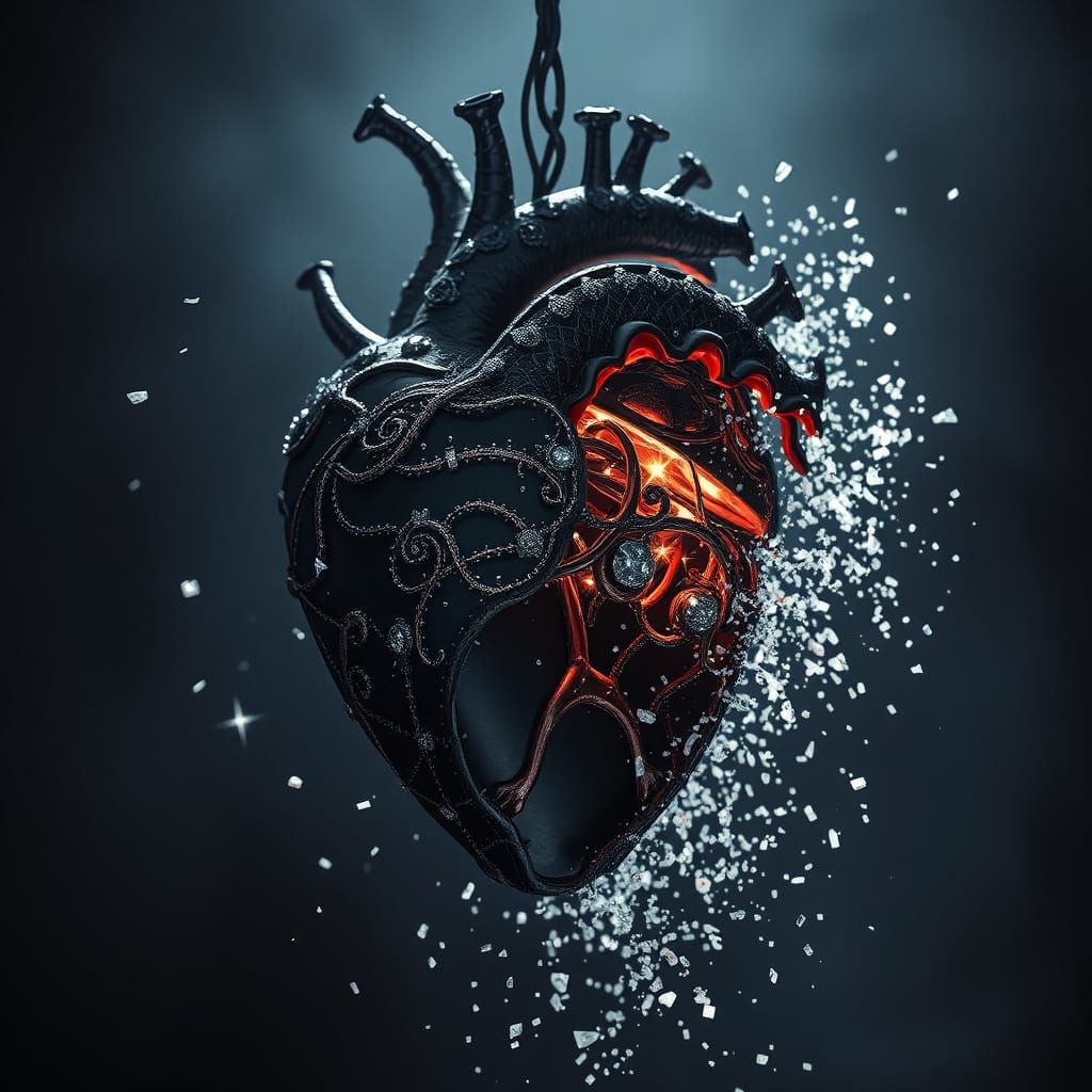 Shattered Biomechanical Heart in Dark, Gothic Splendor