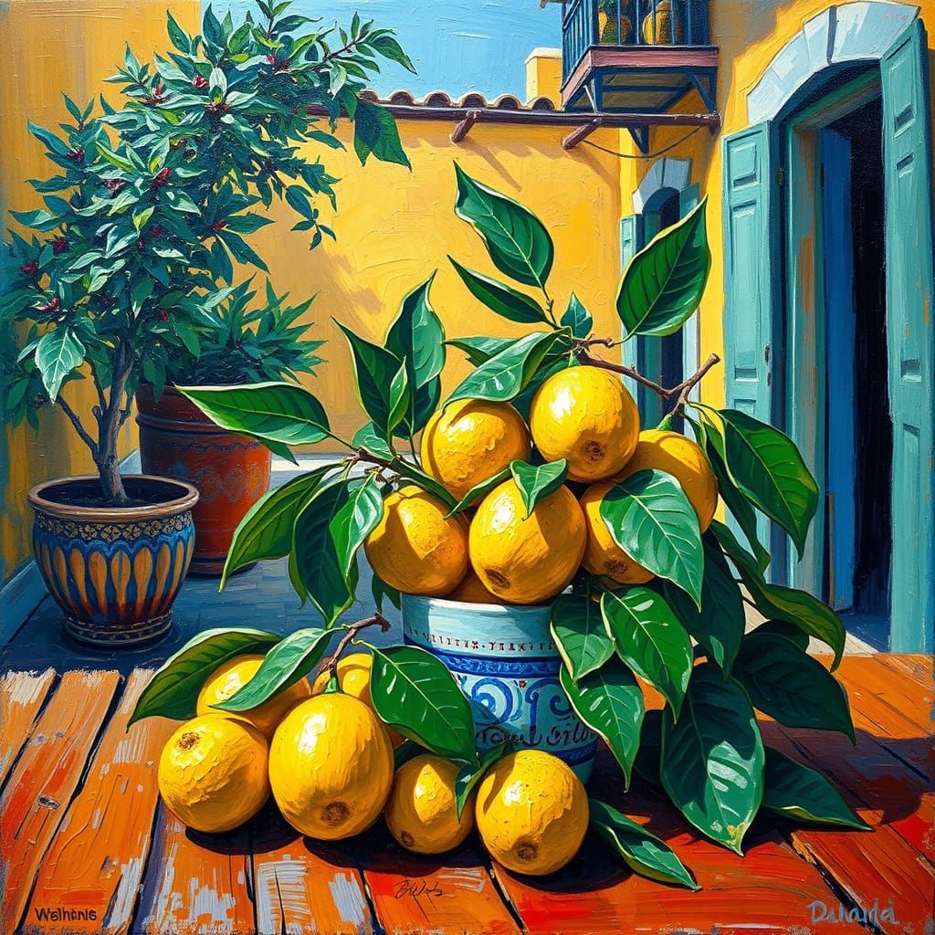 Lemons in Mediterranean Setting, Neo-Expressionist Still Lif...