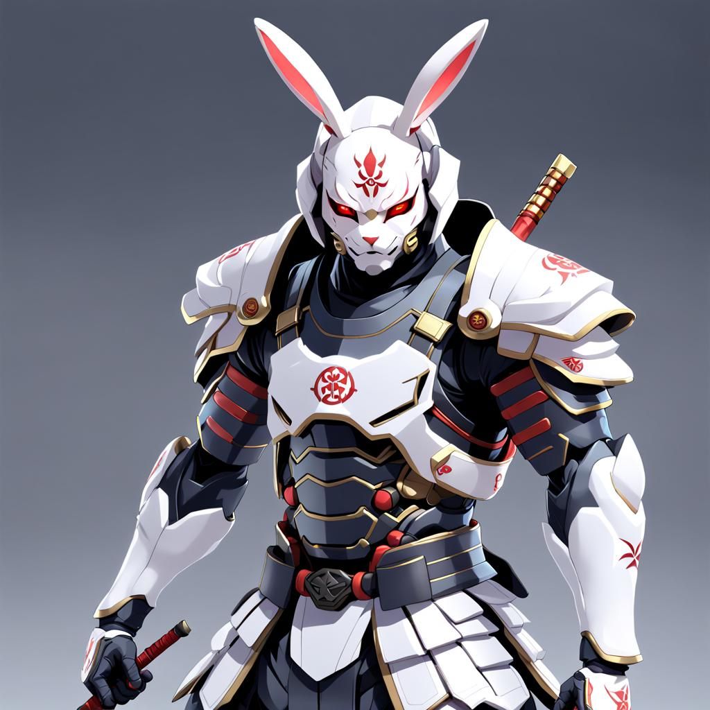 Android Samurai Bunny in Oni Mask: 3D Anime Art
