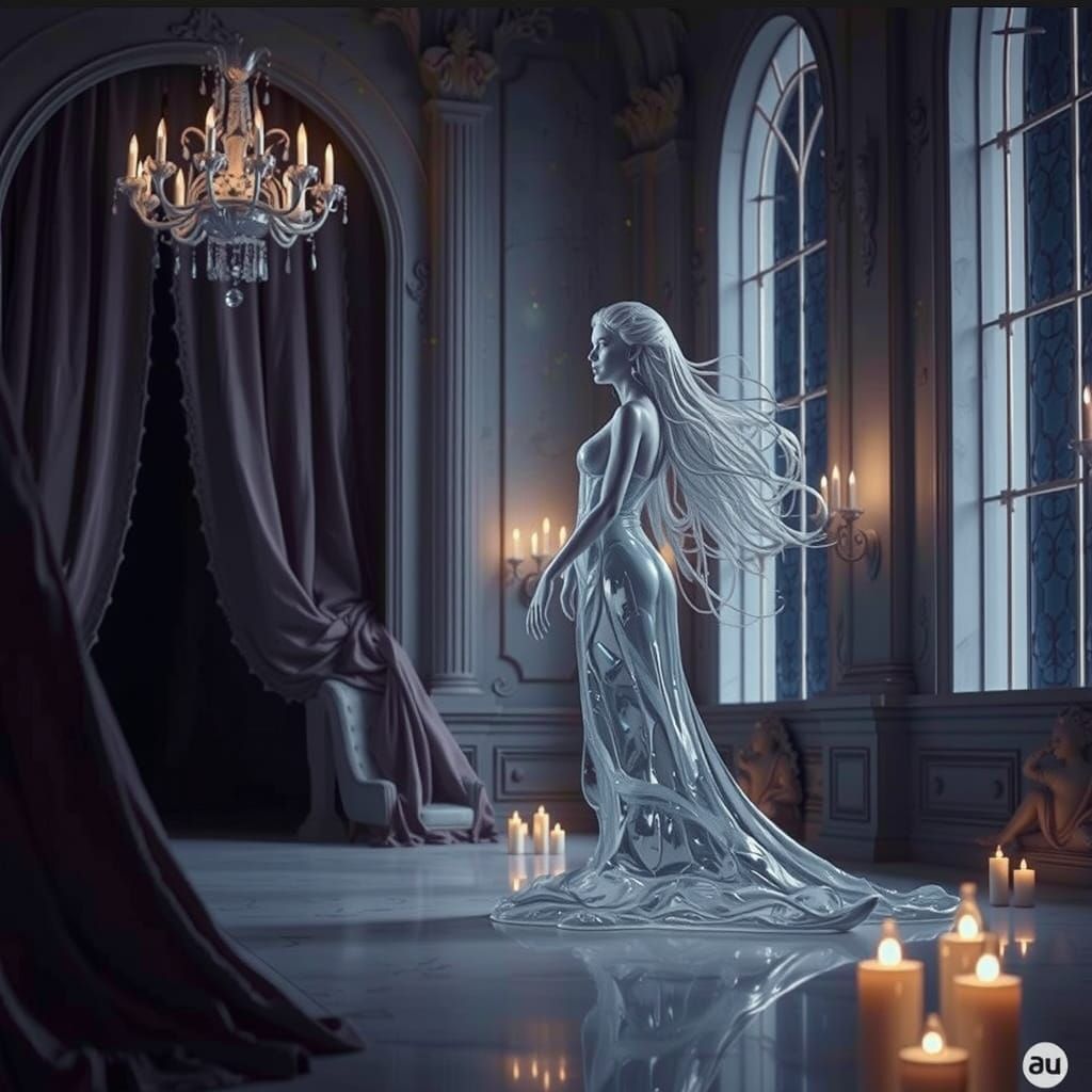 Majestic Water Goddess in Ethereal Chamber