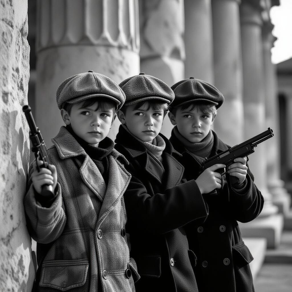 Boys Playing Gangsters in Moody Black and White