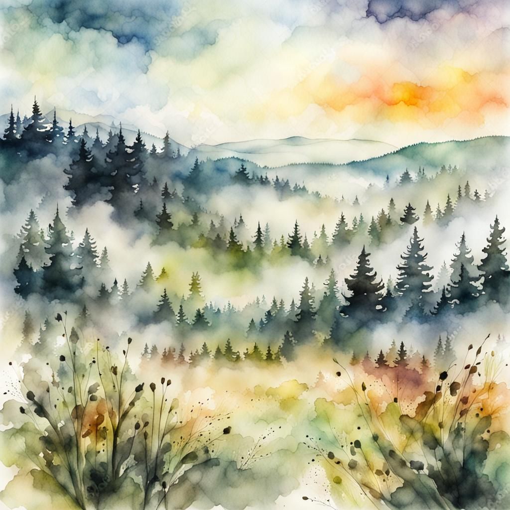 Foggy Field: Detailed Watercolor Illustration