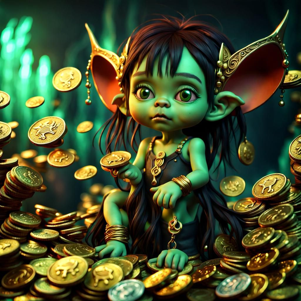 Cute Goblin Girl with Treasure in Fantasy Art