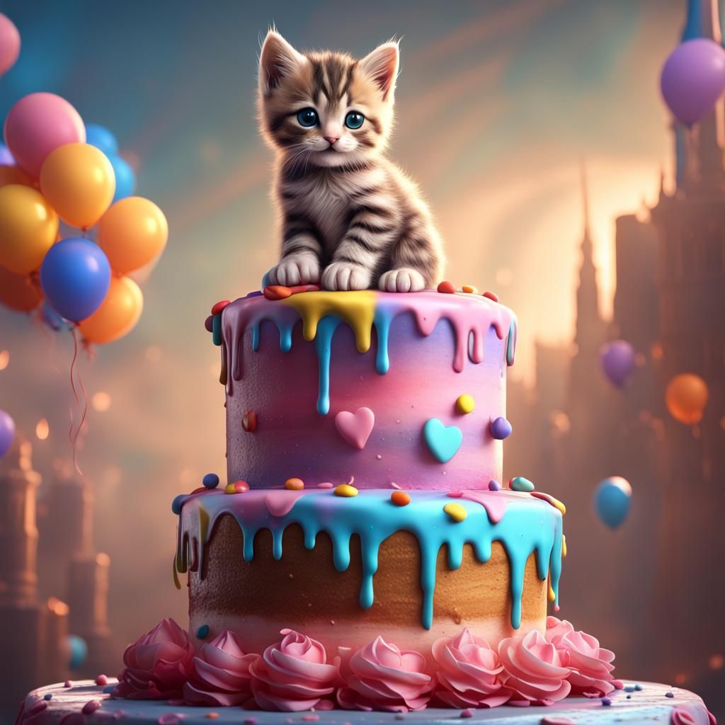 Kitten Celebrates Birthday on Cake: Fantasy Concept Art