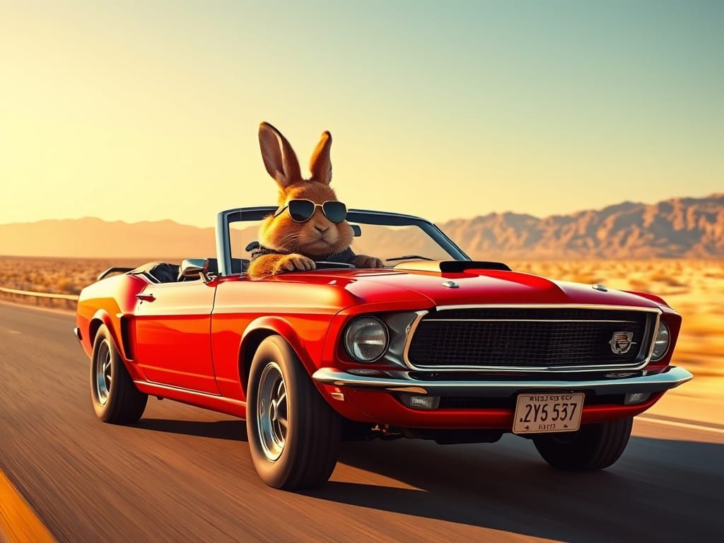 Rabbit Drives Red Mustang on Desert Highway