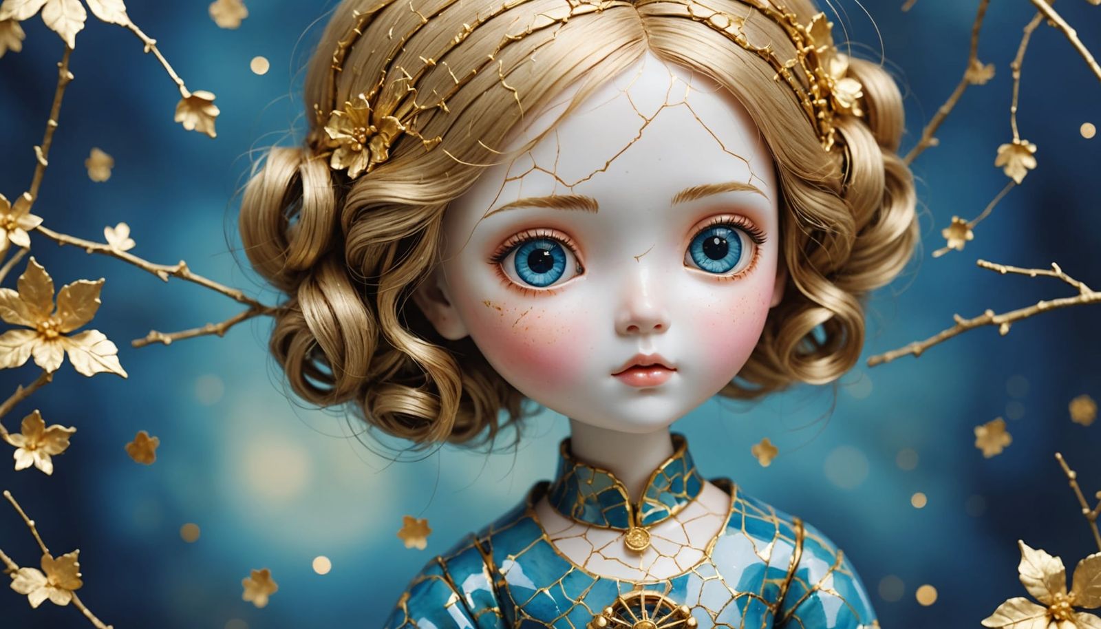 Kintsugi Porcelain Doll Repaired with Gold