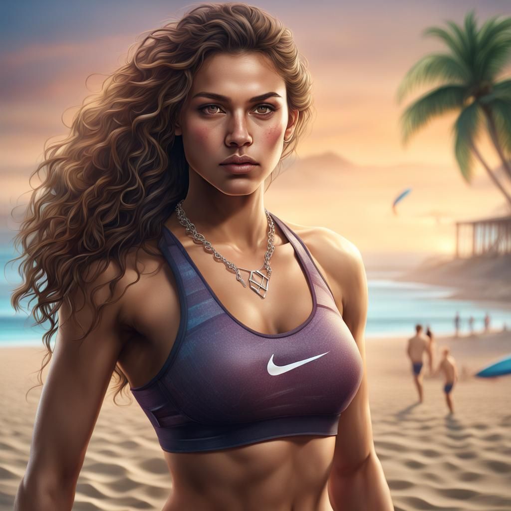 young teenage girl, long brown curly hair, dark brown eyes, diamond shaped face, fit, muscular, chiseled face, nike spor...